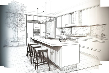 Concept drawing of a contemporary kitchen with an islandの素材