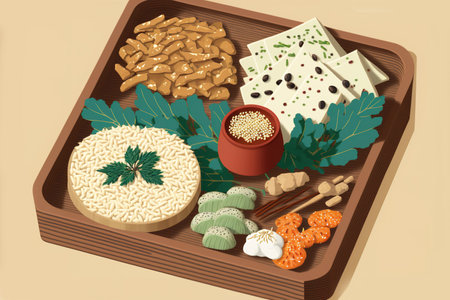 Close up of various Japanese snacks in a wooden dish. Peanuts with sesame seeds, rice crackers with wasabi and nori, and other munchies. Combine various traditional Japanese snacksの素材