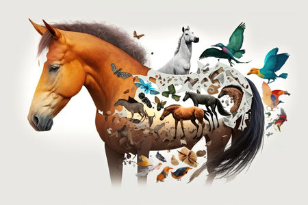 Collage on a white background featuring a horse and various animals. Banner formatの素材