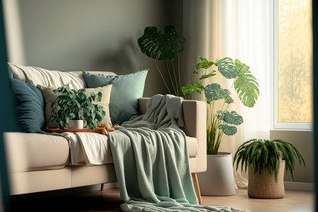 Comfortable living room with warm and inviting natural light, Indoor tropical houseplant for home interior and air purification, Pillow and soft blanket in relaxing environmentの素材