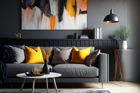 Comfortable grey Scandinavian sofa with yellow, orange, black, and brown pillows is in a colorful living room with abstract wall artの素材