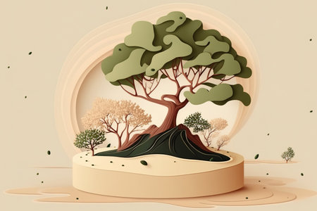 Contemporary image of a tree with bark and moss against a beige background. Abstract display podium for natural cosmetics. simple design with copy spaceの素材