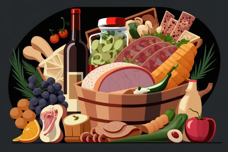 Composition with variety of grocery products including vegetables, fruits, meat, dairy and wineの素材