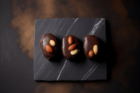 Close up, top view of three delicious chocolates with almonds on a slate stoneの素材
