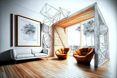 Concept by an architect and interior designer modern timber living room, lounge, waiting room, rattan chair, booth. Hand drawn draft incomplete idea that becomes true. Parquet, a mockup of a frame,の素材