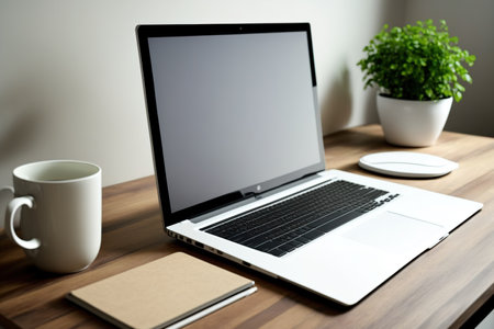 Conceptual workstation with a laptop on a table with a blank screenの素材