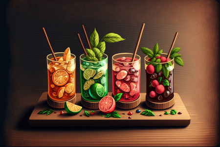 Cocktails with straws served in glasses whiskey cola, mojito, orange, and strawberry. on a wooden stand, a shaker, a spoon, and some spicesの素材