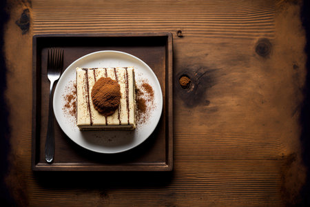 Coffee and tiramisu dessert on a wooden table. with copy space, the top viewの素材