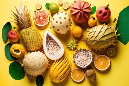 Concept of tropical fruits. Exotic fruits include maracuya, rambutan, lychee, tamarillo fruit, granadilla, banana, pitahaya, kiwano, pineapple, papaya, mango, annona, and bananaの素材