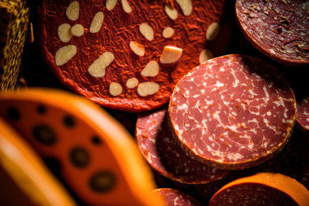 Close up of smoked salami and sausage Full frame photoの素材