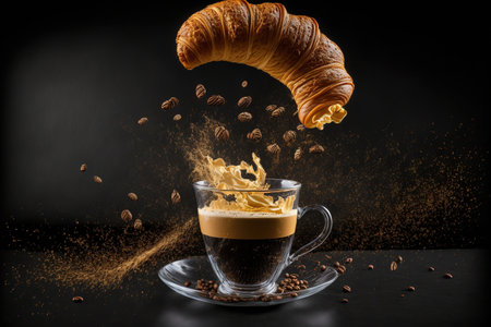 Concept for a breakfast or coffee shop. Coffee beans and croissants flying or falling in the air with an espresso in a glass cup on a black backdropの素材