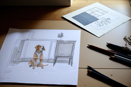 Concept for an interior architect a hand drawn, incomplete project that is completed, a pet friendly corner office, and a dog bed. Parquet and a window Mockup of a frame the top view,の素材