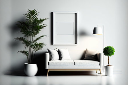 Concept for an interior designer by an architect a living room with a frame mockup and copy space, a sofa, carpet, lamp, rattan table, and potted plantsの素材