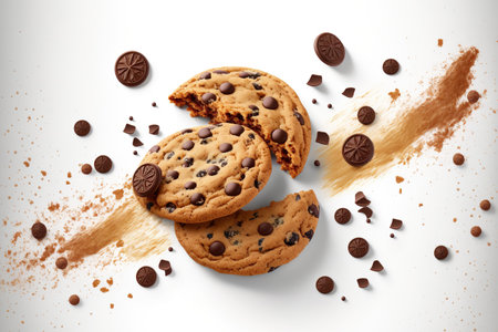 Cookies with chocolate chips on a white backdropの素材