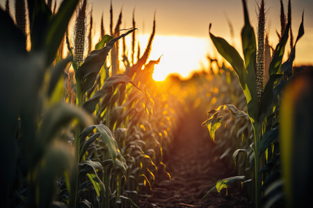 Corn stalks in a field of cornの素材