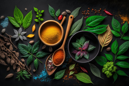 Colorful various herbs and spices for cooking on dark background, copy space, mock up, banner. High quality photoの素材
