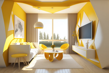Conceptual design for a living room in yellow, white, and woodの素材