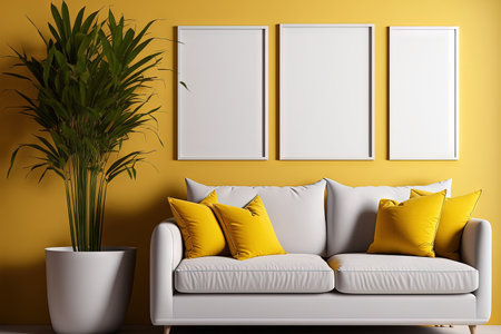Comfortable sofa, houseplant and blank photo frames near color wallの素材