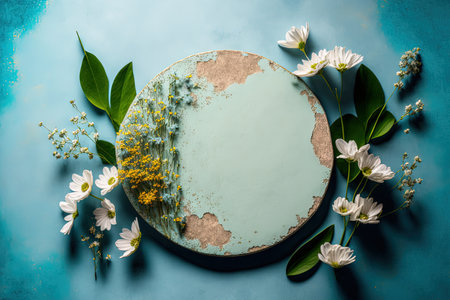 Concrete plate mock up, round dish on a blue background with flowers, concrete home decor, template for product placement, or food. top viewの素材