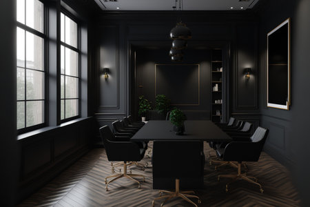Conference room in a black office with a parquet floor, black seats, and a black table. Meeting space with no people present, in a contemporary workplace with parquet flooringの素材