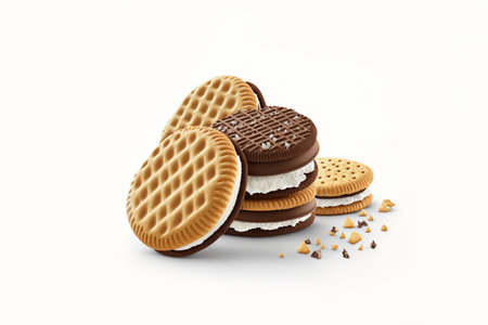Cookies loaded with milk cream and chocolate sandwiched between them, cooked biscuits, isolated on a white backdrop, collectionの素材