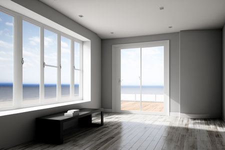 Contemporary room with wood floors and a view of the ocean the season of summer. windowed room that is emptyの素材