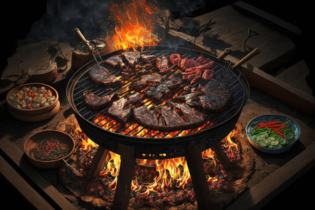 Cooking with charcoal and sizzling pig slices is known as Korean or Japanese BBQの素材