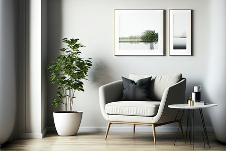 Contemporary living room interior with modern furniture, blank wall mockup,の素材
