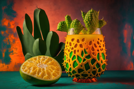 Cocktail with a vibrant background and a kiwano horned melon. African horned cucumber and hedged gourd sliceの素材