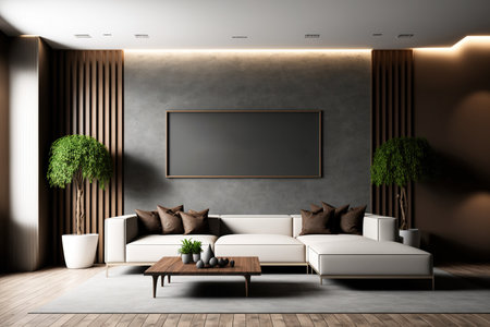 Contemporary style interior with sofas, decorations, and a wall panel made of wood and stone. mockup for an illustrationの素材