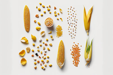 Collection of uncooked, yellow maize grains and falling corn seeds on a white backgroundの素材