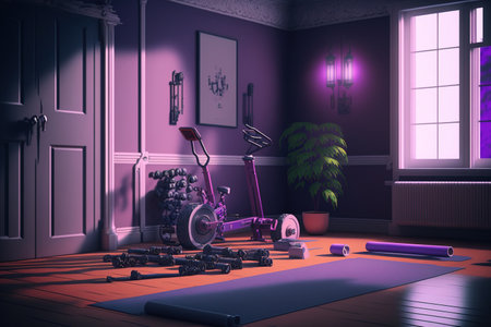Concept of training at home with a purple gym fitness exercise mat, a dumbbell, and a bicycle in the roomの素材