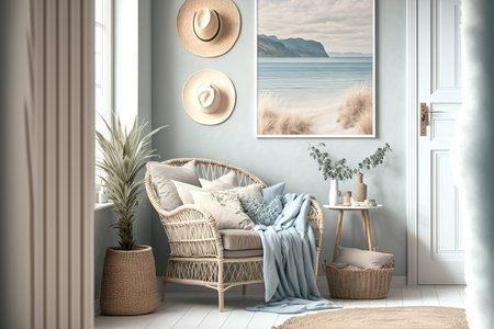 Coastal style room in light pastel hues with rattan furniture, mock up frame in interior backgroundの素材