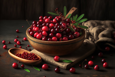 Cranberries, raw and fresh, on a wooden table. room for textの素材