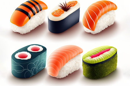Collection of sushi slices, isolated on a white backgroundの素材