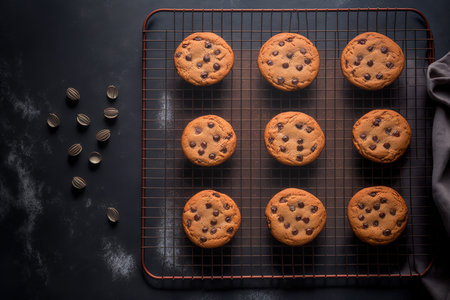 Cookies with chocolate chips on the cooling rack. Sweet and delectable flavor. Soft yet brittle. looking up. Lay flat. elegant and minimalist food photographyの素材