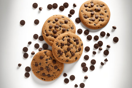 Cookies with chocolate chips isolated on a white backdrop. looking upの素材
