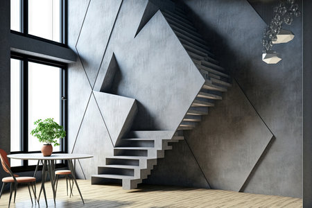 Contemporary free form concrete geometric interior with stairs, wooden flooring and mock up place on wall. Architectural space conceptの素材