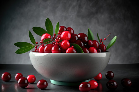 Cranberry. On the grey table, there is a small white dish of cranberries with green leaves. Cranberries in season. Copy space selective attention. Macro. Closeupの素材
