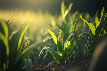 Cornfield up close. focused selection. During the summer agricultural season, green maize corn fields are planted. Corn on the cob in a field, up closeの素材