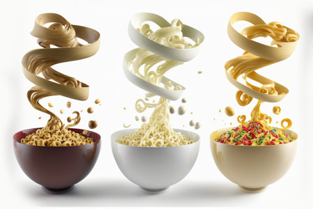 Collection of flying noodles in bowls on a white backgroundの素材