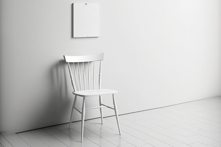 Create a mockup in a white room with a wooden chairの素材