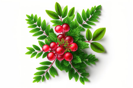 Cranberry isolated on white background with green foliage. a top viewの素材