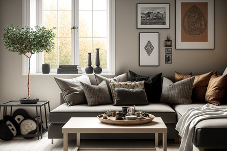 Corner sofa, coffee table, cloth, and individual accessories are part of a creative composition of a warm living room interior design. Scandinavian traditional fashionの素材