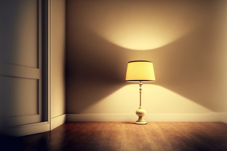 Conceptual lamp and wooden floor with a cream wall in an empty interiorの素材