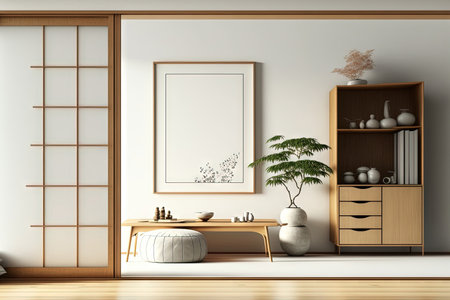 Cozy home living room in Japanese zen interior style with empty frames mockup on white wall, wood cabinet, Tatami floor, and Japanese sliding doors. , 3d illustrationの素材