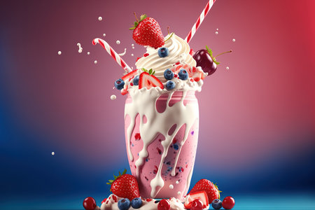 Cream and berries are added to a strawberry milkshakeの素材