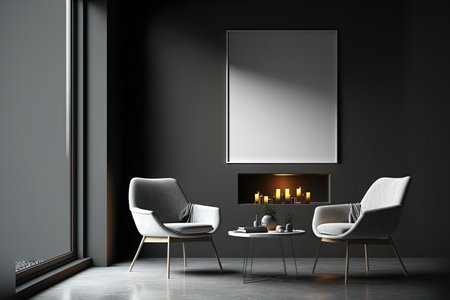 Corner view on dark living room interior with empty white poster, two armchairs, coffee table with crockery, round mirror, fireplace, panoramic window, concrete floor. Minimalist designの素材
