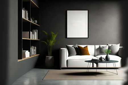 Corner view on dark living room interior with empty white poster, sofa, coffee table with crockery, books, concrete floor. Concept of minimalist design. Place for meeting. Mock upの素材