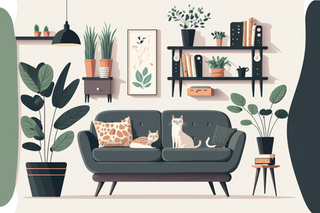 Cozy furniture and house accents abound in the living area, including a sofa, armchair, coffee table, bookcase, and potted plants. Scandinavian inspired modern furniture for apartmentsの素材